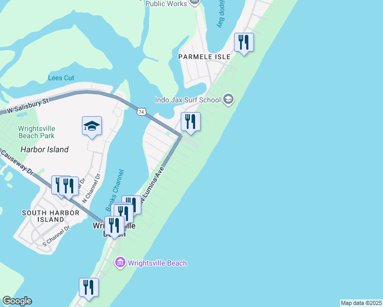 map of restaurants, bars, coffee shops, grocery stores, and more near 18 East Greensboro Street in Wrightsville Beach