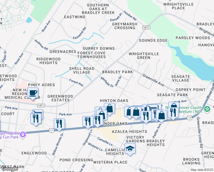 map of restaurants, bars, coffee shops, grocery stores, and more near 5826 Michelle Drive in Wilmington