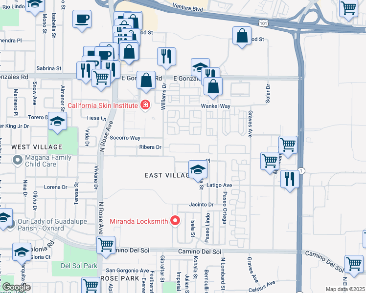 map of restaurants, bars, coffee shops, grocery stores, and more near 2071 Posada Drive in Oxnard