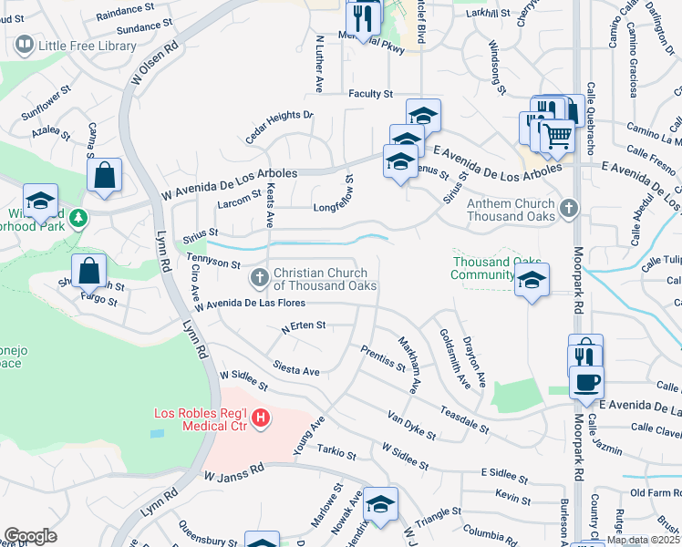map of restaurants, bars, coffee shops, grocery stores, and more near 151 Sandberg Street in Thousand Oaks