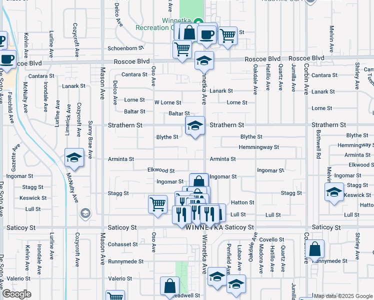 map of restaurants, bars, coffee shops, grocery stores, and more near 20150 Hemmingway Street in Los Angeles