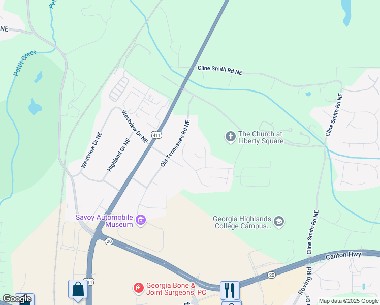 map of restaurants, bars, coffee shops, grocery stores, and more near 23 Kaleigh Court Northeast in Cartersville