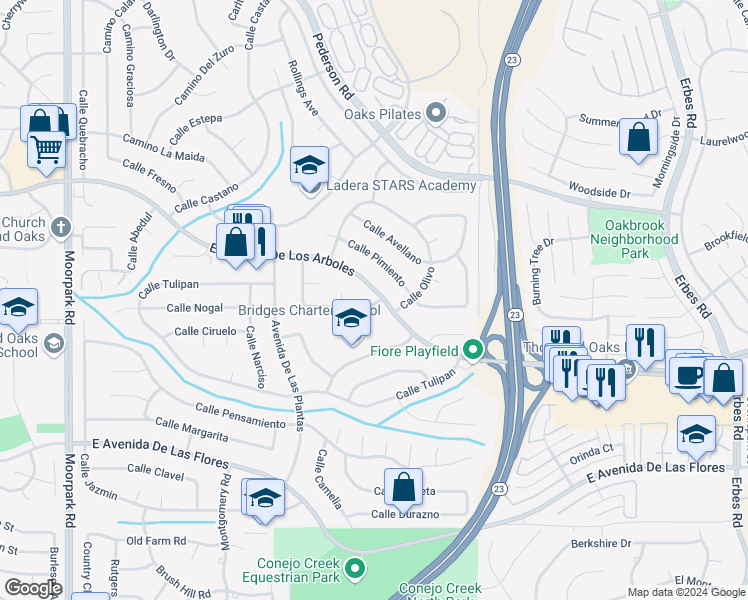 map of restaurants, bars, coffee shops, grocery stores, and more near 2 West Avenida De Los Arboles in Thousand Oaks