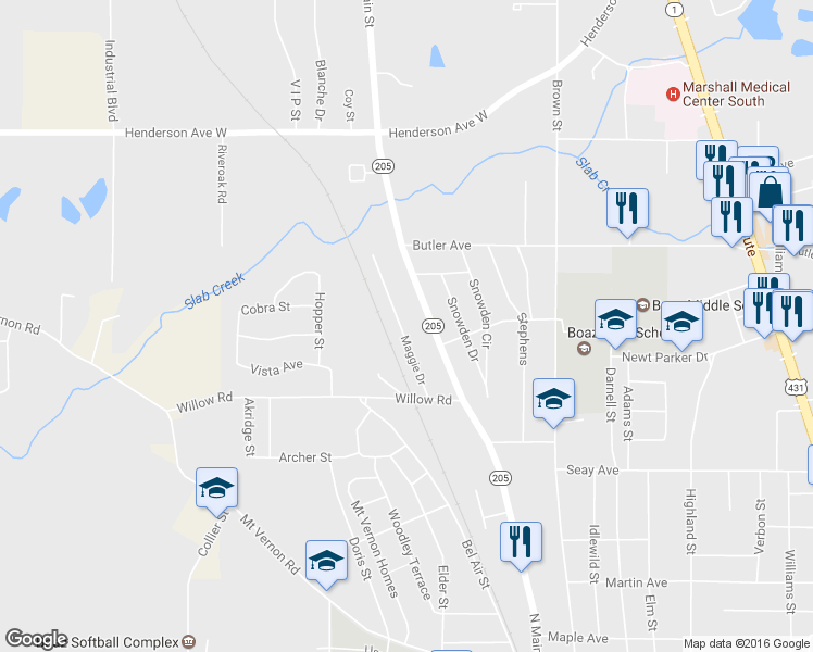 map of restaurants, bars, coffee shops, grocery stores, and more near 815 Maggie Drive in Boaz