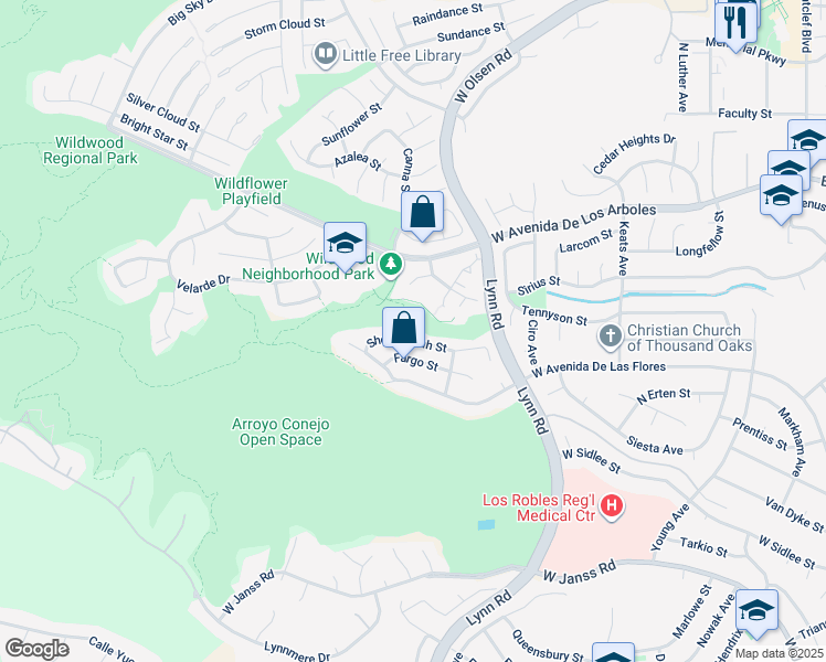 map of restaurants, bars, coffee shops, grocery stores, and more near 579 Shenandoah Street in Thousand Oaks