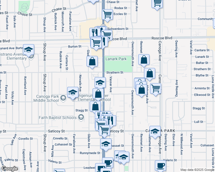 map of restaurants, bars, coffee shops, grocery stores, and more near 7904 Topanga Canyon Boulevard in Los Angeles