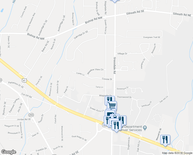 map of restaurants, bars, coffee shops, grocery stores, and more near 29 Connie Street in Cartersville