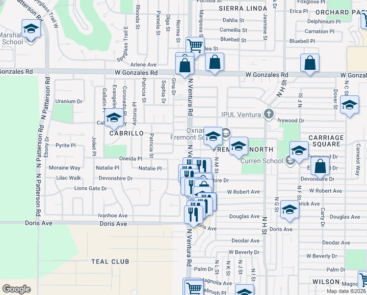 map of restaurants, bars, coffee shops, grocery stores, and more near 1266 Gina Drive in Oxnard