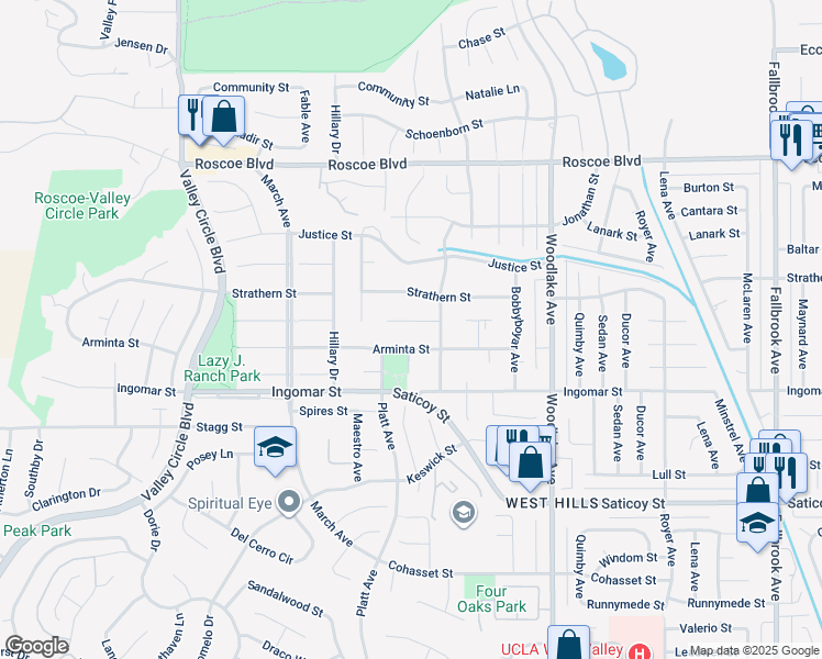 map of restaurants, bars, coffee shops, grocery stores, and more near 23432 Blythe Street in Los Angeles