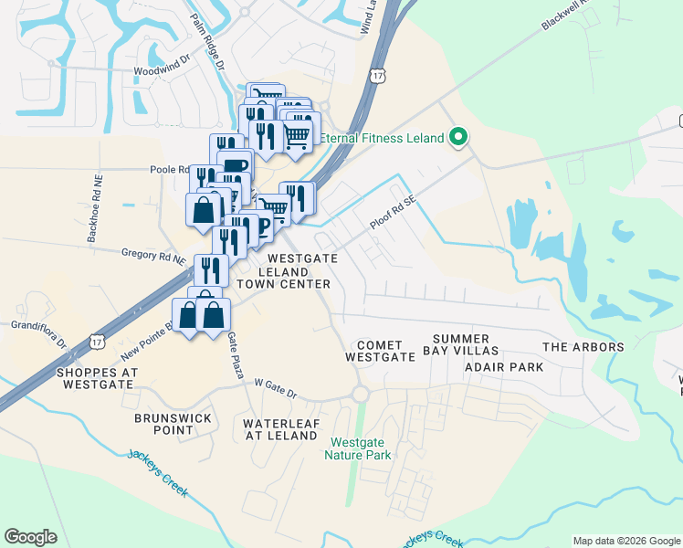map of restaurants, bars, coffee shops, grocery stores, and more near 225 Birch Creek Road in Leland