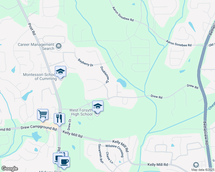 map of restaurants, bars, coffee shops, grocery stores, and more near 4145 Doubletree Court in Cumming