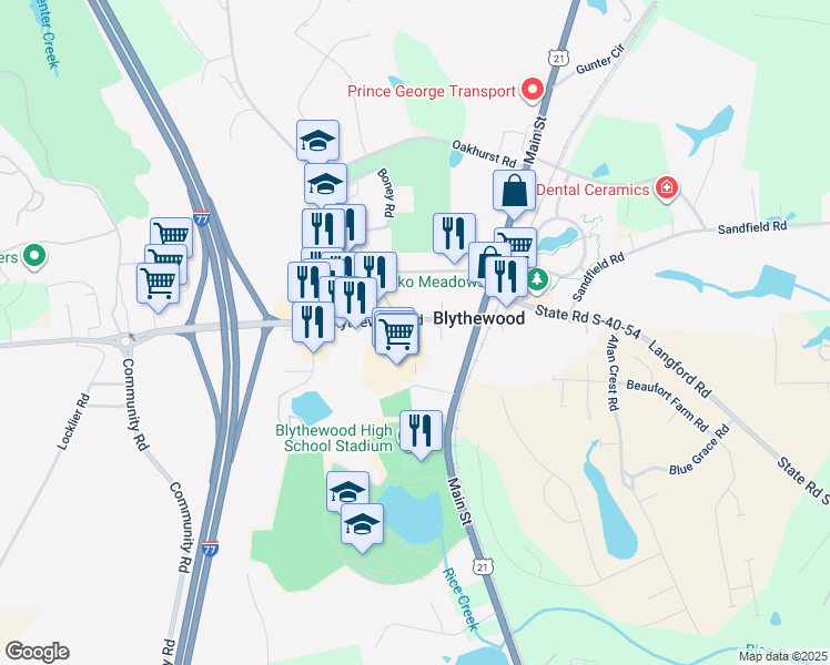 map of restaurants, bars, coffee shops, grocery stores, and more near 152 Blythewood Road in Blythewood