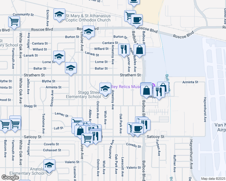 map of restaurants, bars, coffee shops, grocery stores, and more near Arminta Street in Los Angeles