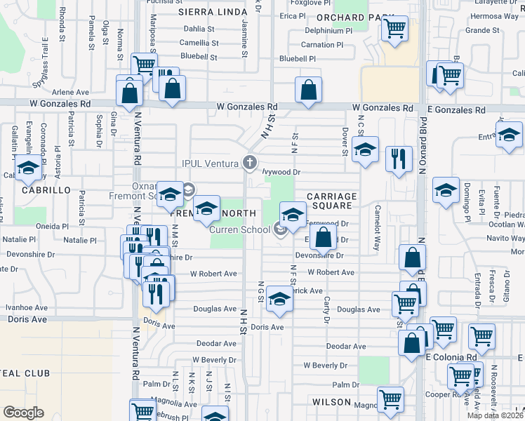 map of restaurants, bars, coffee shops, grocery stores, and more near 1241 North G Street in Oxnard