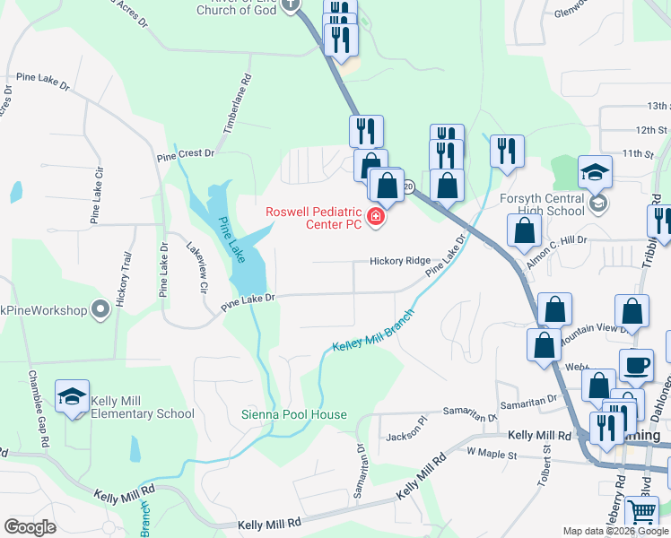 map of restaurants, bars, coffee shops, grocery stores, and more near 204 Hickory Ridge in Cumming
