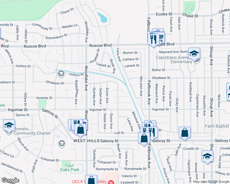 map of restaurants, bars, coffee shops, grocery stores, and more near 23008 Blythe Street in West Hills