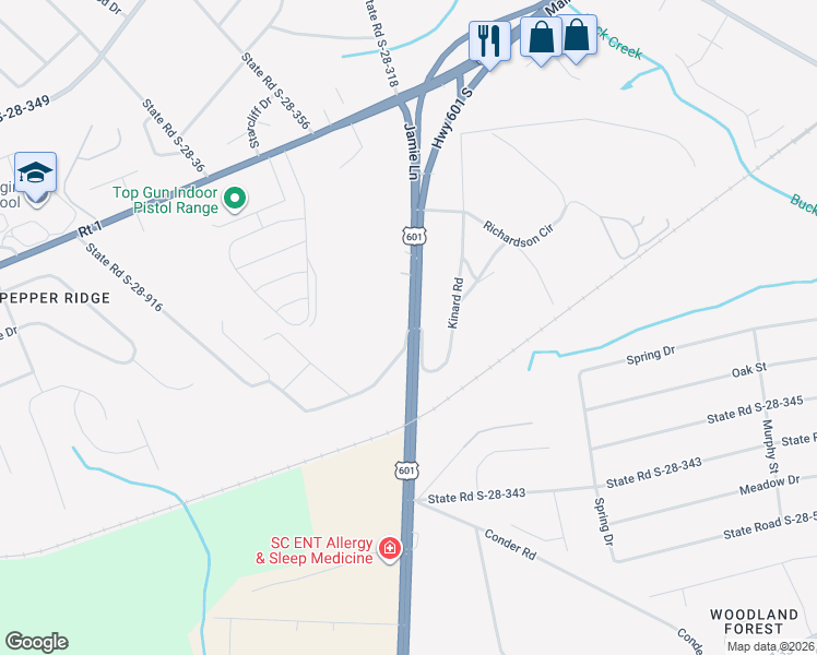map of restaurants, bars, coffee shops, grocery stores, and more near 265 Kinard Road in Lugoff