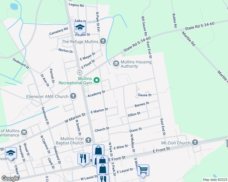 map of restaurants, bars, coffee shops, grocery stores, and more near 523 Agnew Street in Mullins