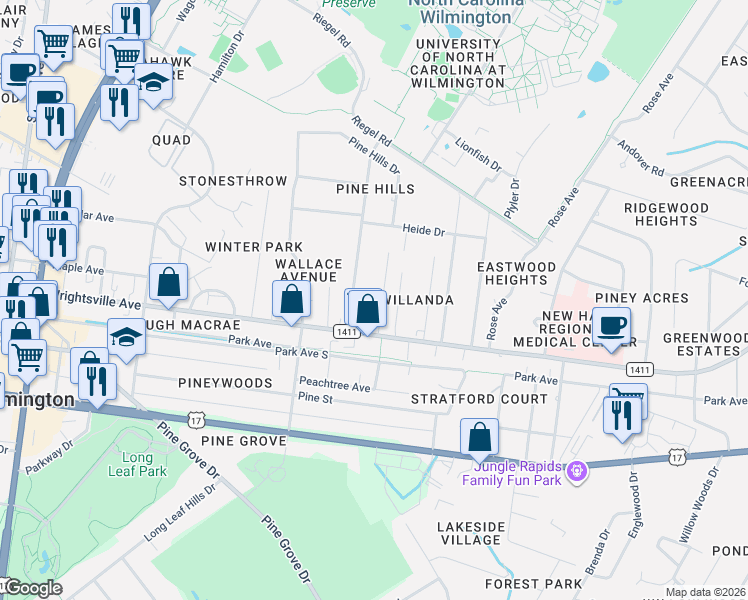 map of restaurants, bars, coffee shops, grocery stores, and more near 210 Wood Dale Drive in Wilmington