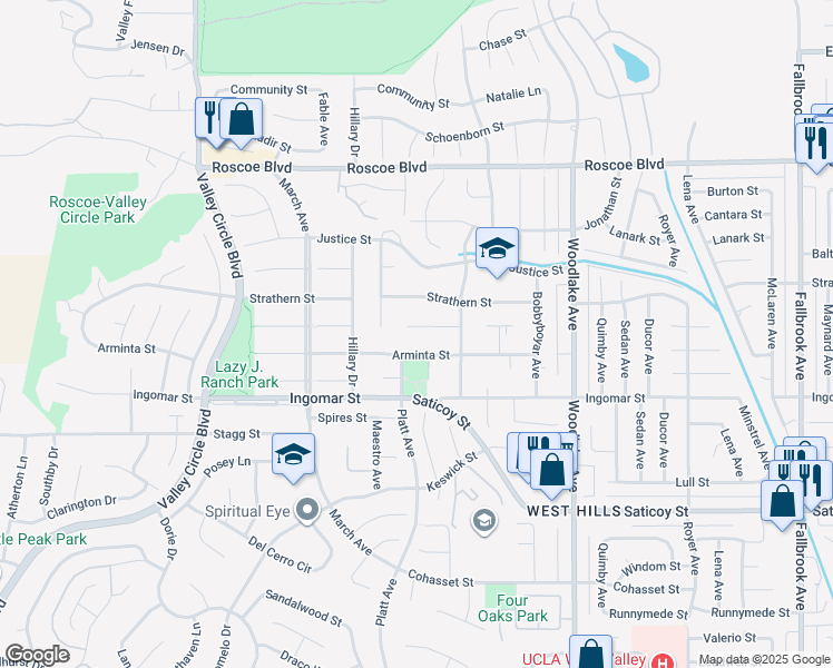map of restaurants, bars, coffee shops, grocery stores, and more near 23446 Blythe Street in Los Angeles