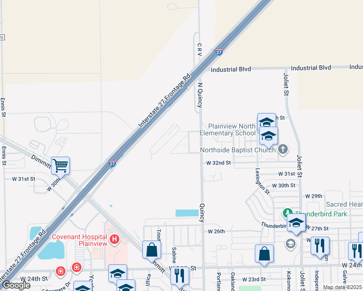 map of restaurants, bars, coffee shops, grocery stores, and more near 33rd Street in Plainview