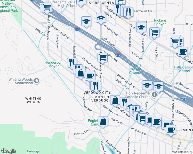 map of restaurants, bars, coffee shops, grocery stores, and more near 2806 Piedmont Avenue in Glendale