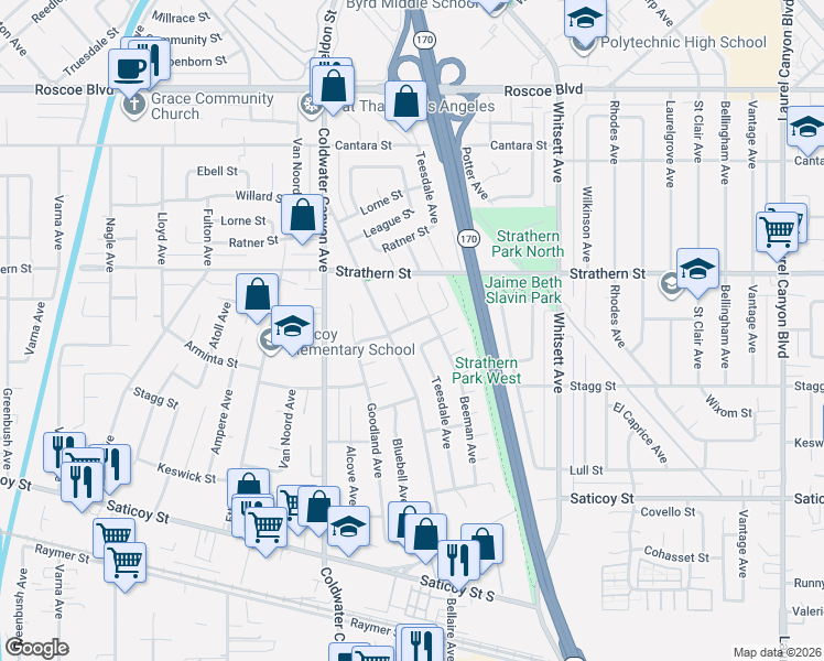 map of restaurants, bars, coffee shops, grocery stores, and more near 7846 Bellaire Avenue in Los Angeles