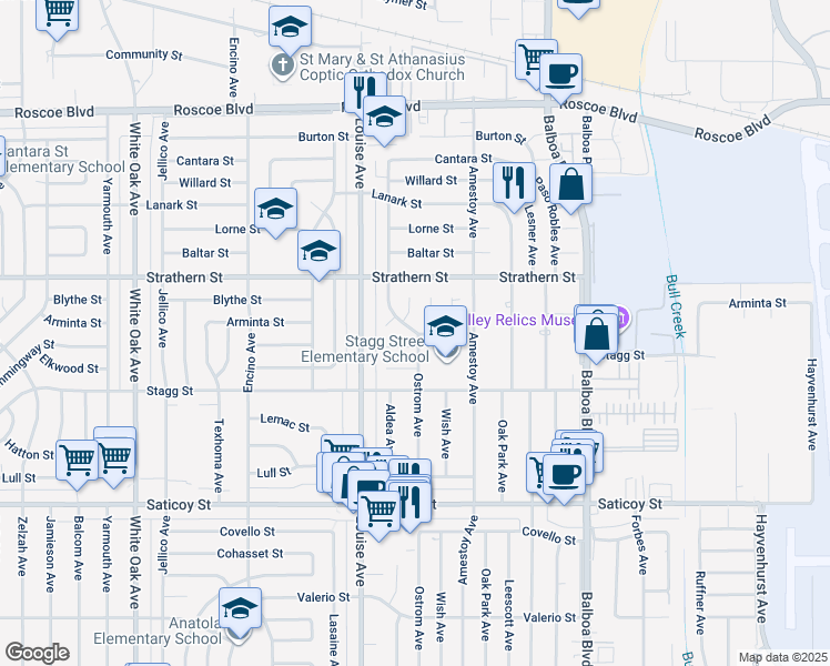 map of restaurants, bars, coffee shops, grocery stores, and more near 17201 Hemmingway Street in Los Angeles