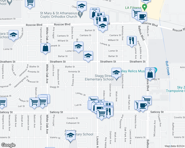 map of restaurants, bars, coffee shops, grocery stores, and more near 7848 Lasaine Avenue in Los Angeles