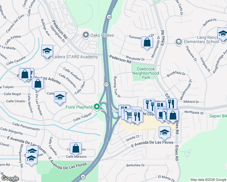 map of restaurants, bars, coffee shops, grocery stores, and more near 1643 Burning Tree Drive in Thousand Oaks