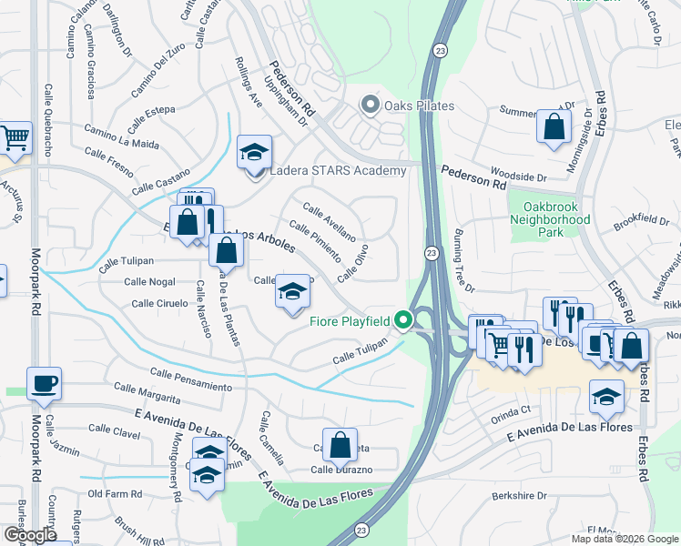 map of restaurants, bars, coffee shops, grocery stores, and more near 2608 Calle Olivo in Thousand Oaks