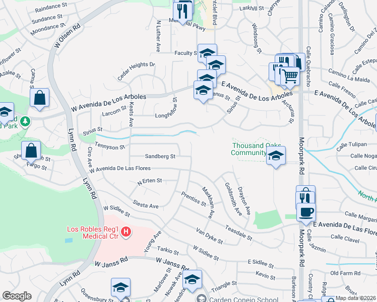 map of restaurants, bars, coffee shops, grocery stores, and more near 102 Sandberg Street in Thousand Oaks