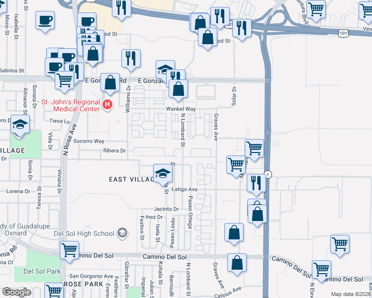 map of restaurants, bars, coffee shops, grocery stores, and more near 1201 North Lombard Street in Oxnard