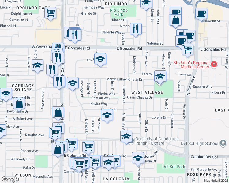 map of restaurants, bars, coffee shops, grocery stores, and more near 820 Piedra Way in Oxnard