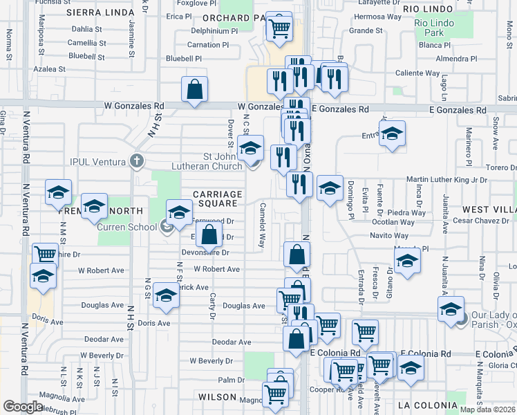 map of restaurants, bars, coffee shops, grocery stores, and more near 1220 Camelot Way in Oxnard