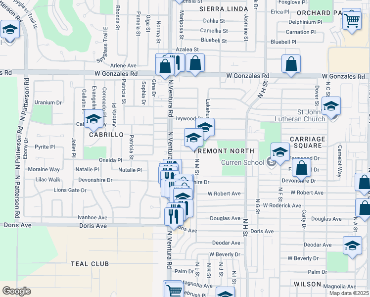 map of restaurants, bars, coffee shops, grocery stores, and more near 1338 Fremont Way in Oxnard