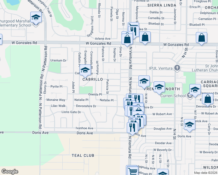map of restaurants, bars, coffee shops, grocery stores, and more near 1743 Penny Way in Oxnard
