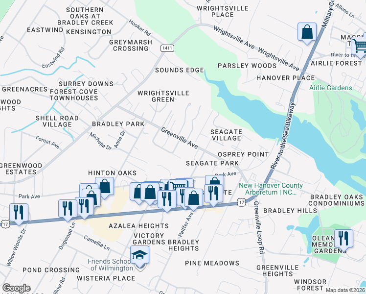 map of restaurants, bars, coffee shops, grocery stores, and more near 207 Greenville Avenue in Wilmington