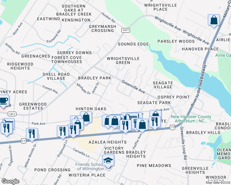 map of restaurants, bars, coffee shops, grocery stores, and more near 245 Whites Avenue, in Wilmington