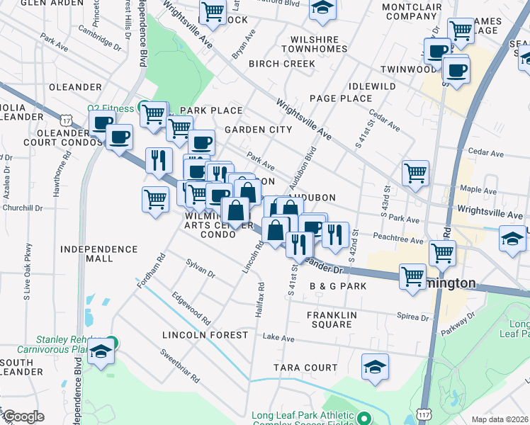 map of restaurants, bars, coffee shops, grocery stores, and more near 3913 Oleander Dr in Wilmington