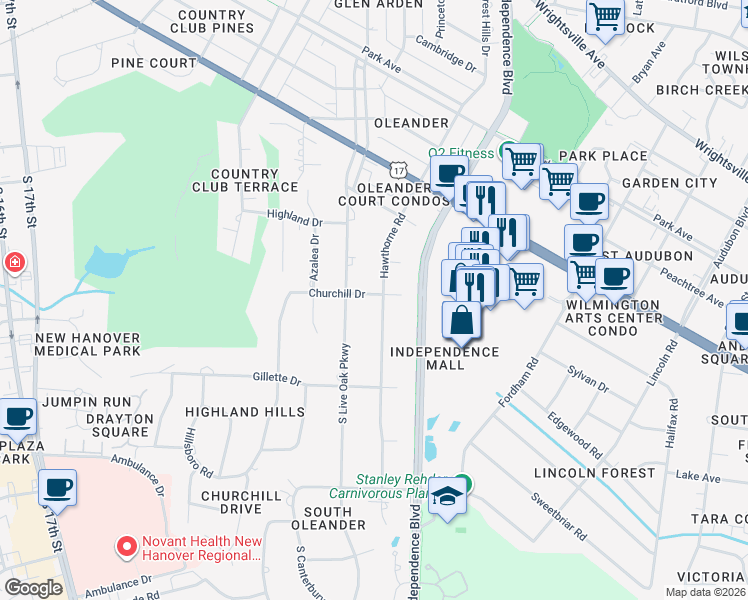 map of restaurants, bars, coffee shops, grocery stores, and more near 1809 Hawthorne Road in Wilmington