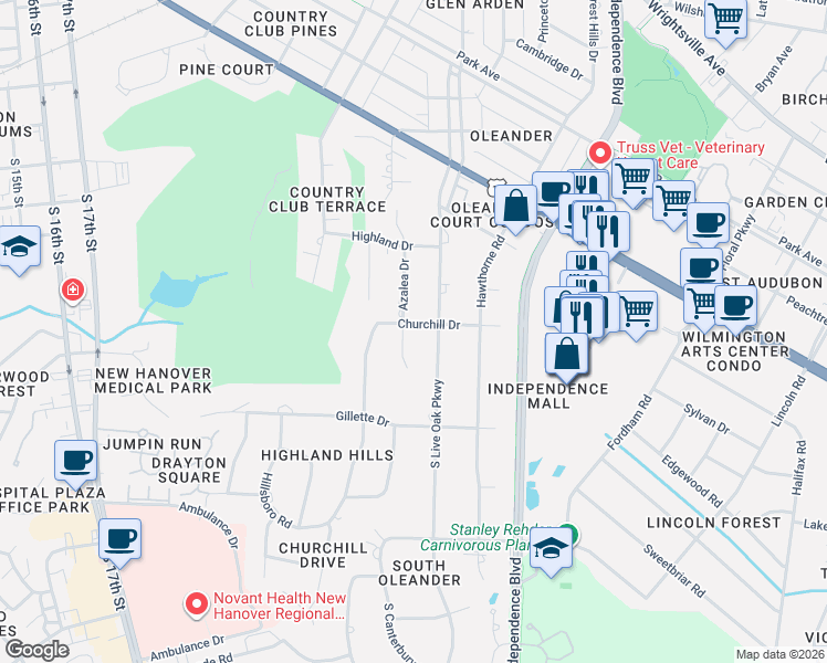 map of restaurants, bars, coffee shops, grocery stores, and more near 1809 Azalea Drive in Wilmington