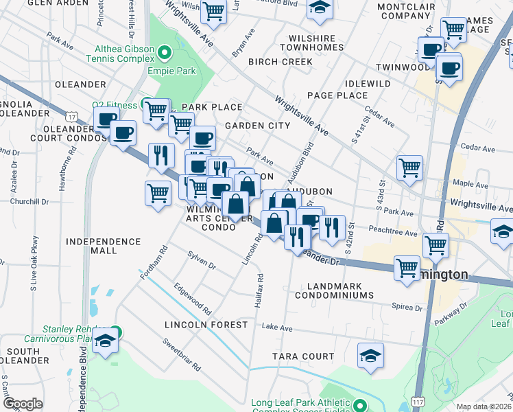 map of restaurants, bars, coffee shops, grocery stores, and more near 3913 Oleander Drive in Wilmington