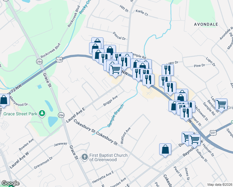 map of restaurants, bars, coffee shops, grocery stores, and more near 232 Briggs Avenue in Greenwood