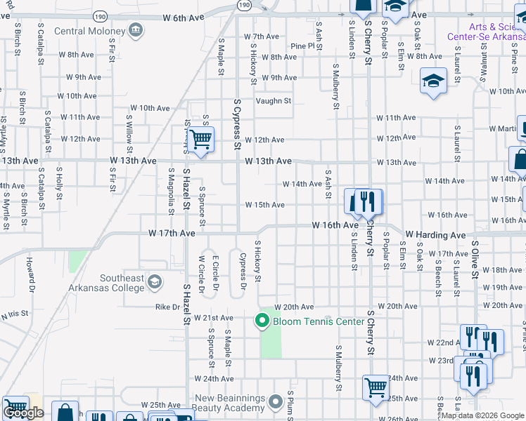map of restaurants, bars, coffee shops, grocery stores, and more near 1801 West 17th Avenue in Pine Bluff