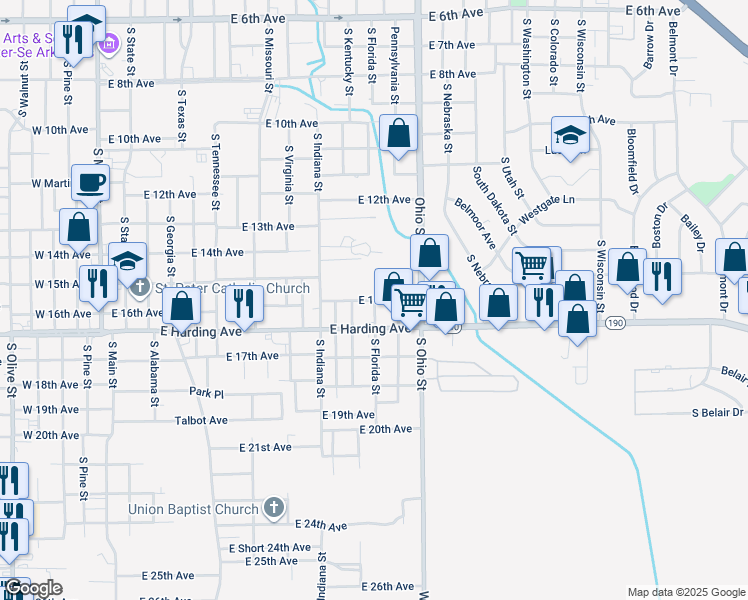 map of restaurants, bars, coffee shops, grocery stores, and more near 1201 East 16th Avenue in Pine Bluff