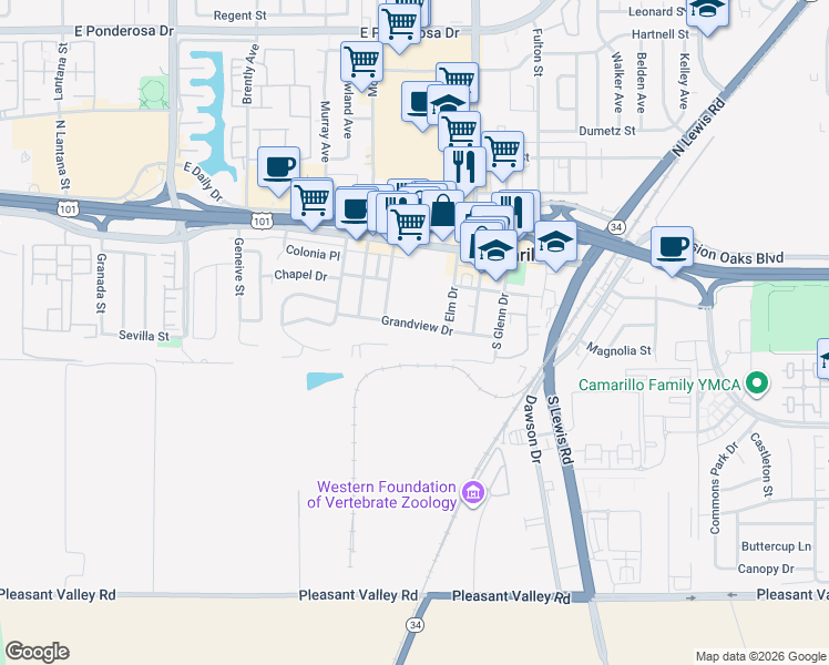map of restaurants, bars, coffee shops, grocery stores, and more near 2180 Grandview Drive in Camarillo