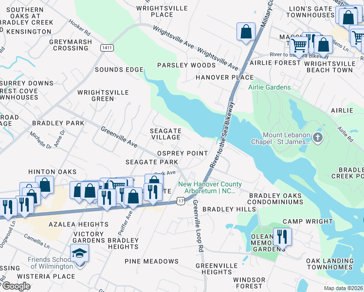 map of restaurants, bars, coffee shops, grocery stores, and more near 1606 Fish Hawk Court in Wilmington