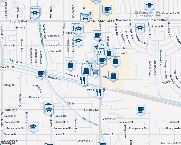 map of restaurants, bars, coffee shops, grocery stores, and more near 14547 Arminta Street in Los Angeles