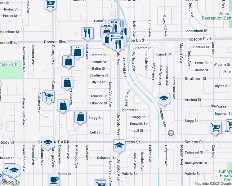 map of restaurants, bars, coffee shops, grocery stores, and more near 7854 De Soto Avenue in Los Angeles